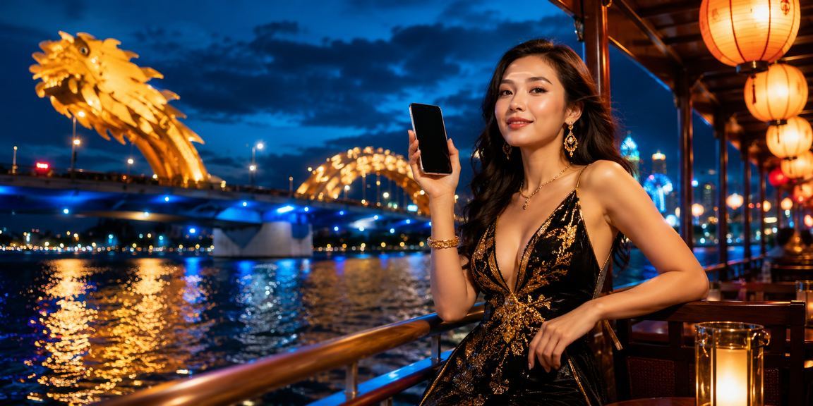 Người dùng xem kèo cá cược thể thao trên điện thoại tại phố lồng đèn Đà Nẵng về đêm