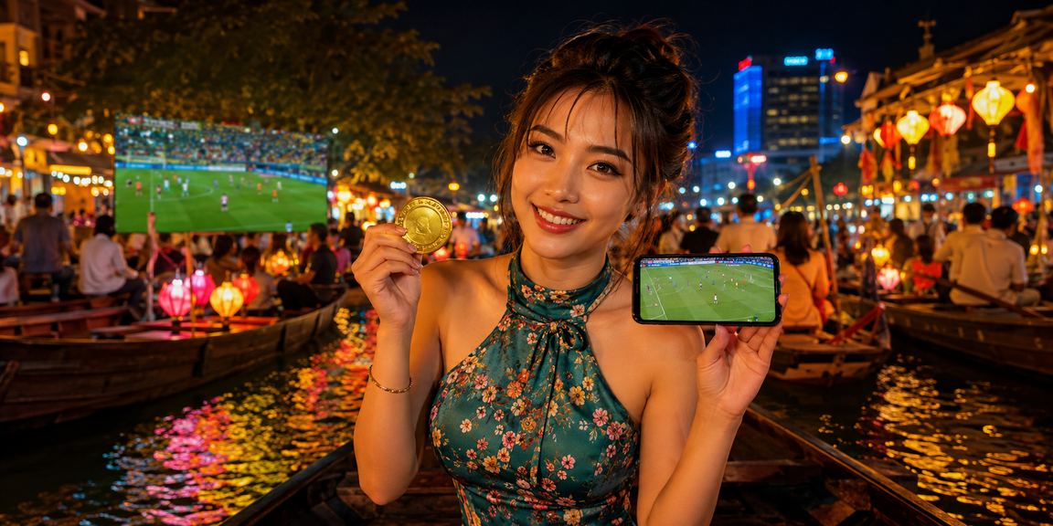 Người dùng tại chợ đêm Huế dùng điện thoại xem kèo thể thao và cá cược trực tuyến qua trình duyệt di động